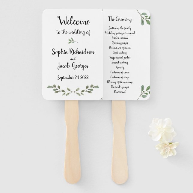 Simple Watercolor Greenery and Script | Wedding Hand Fan (Front and Back)