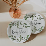 Simple Watercolor Greenery | Baby Shower Paper Plate<br><div class="desc">These lovely minimalist gender neutral baby shower paper plates feature simple,  watercolor botanical green leaves on a clean,  white background. Trendy black script typography says "baby shower" and adds an extra touch of modern style.</div>