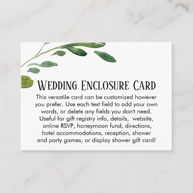 Simple Watercolor Greenery DIY Custom Wedding Enclosure Card (Front)