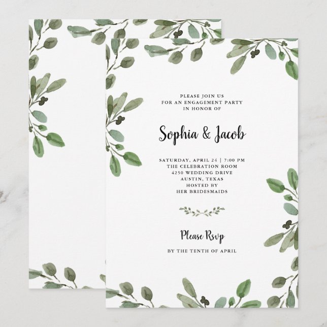 Simple Watercolor Greenery | Engagement Party Invitation (Front/Back)
