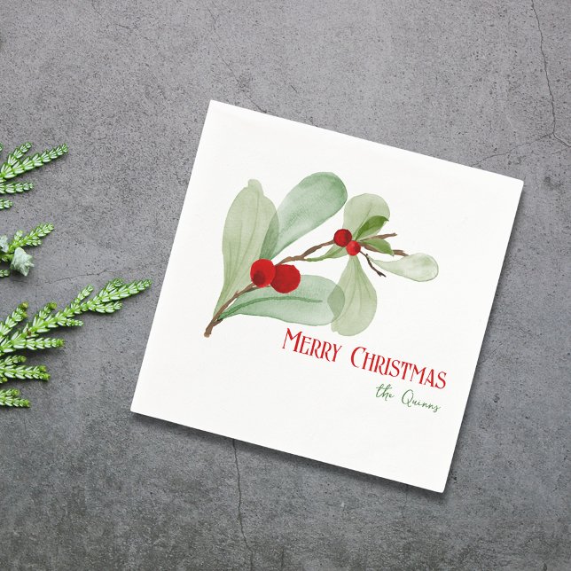 Simple Watercolor Greenery Merry Christmas  Napkin (Simple Watercolor Greenery Merry Christmas Napkins)