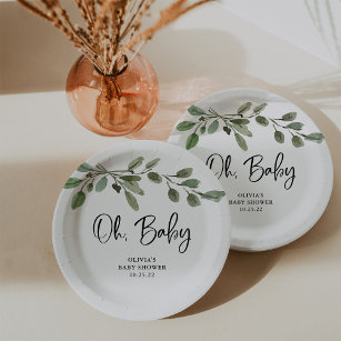 Simple Watercolor Greenery Oh Baby   Baby Shower Paper Plate