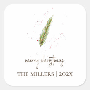 Simple Watercolor Greenery Personalized Christmas Square Sticker