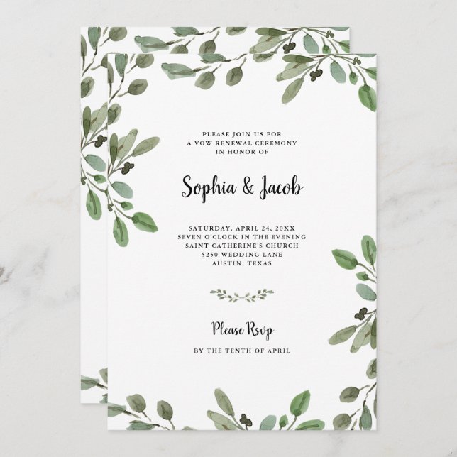 Simple Watercolor Greenery | Wedding Vow Renewal Invitation (Front/Back)