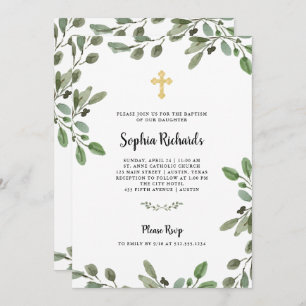 Simple Watercolor Greenery with Gold Cross Baptism Invitation