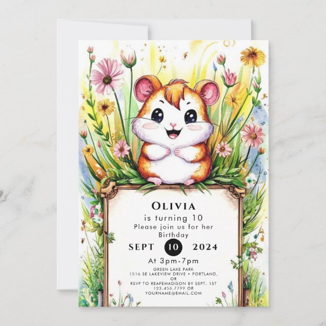 Simple Watercolor Hamster Birthday Invitation (Front)