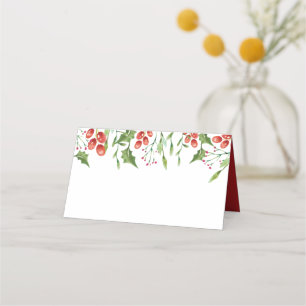 Simple Watercolor Holly Berry Foliage   Holiday Place Card