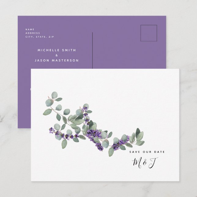 Simple Watercolor Lavender & Foliage Save the Date Postcard (Front/Back)
