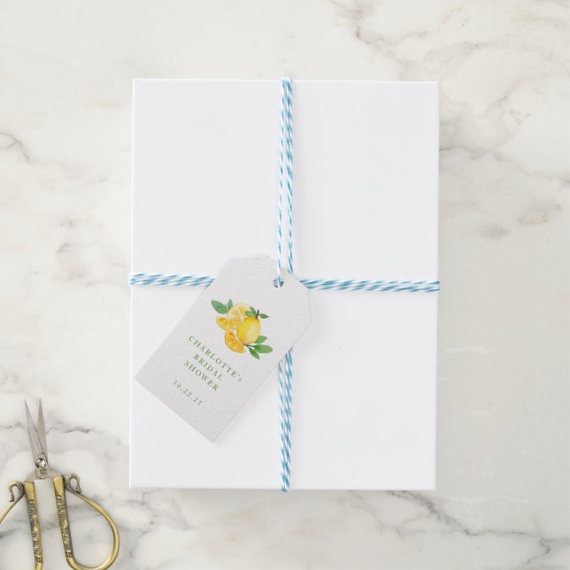 Simple Watercolor Lemon Fruit Custom Bridal Shower Gift Tags (With Twine)