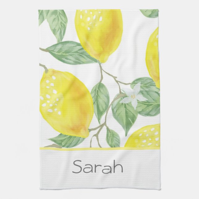 Simple Watercolor Lemon Leaves Monogrammed Kitchen Towel (Vertical)