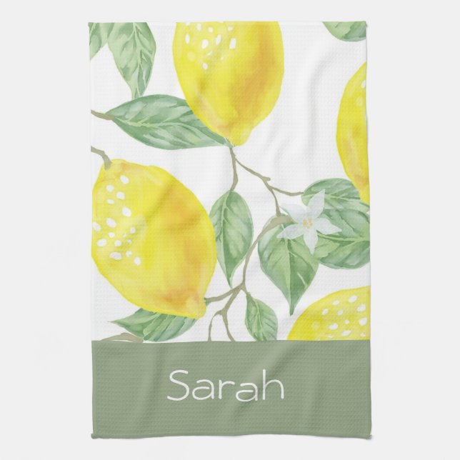 Simple Watercolor Lemon Leaves Sage  Monogram Kitchen Towel (Vertical)
