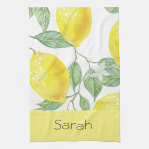 Simple Watercolor Lemon Leaves Yellow Monogrammed Kitchen Towel