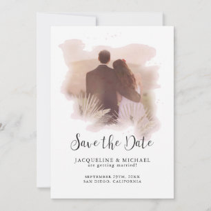 Simple Watercolor Modern Script Palm Foliage Photo Save The Date