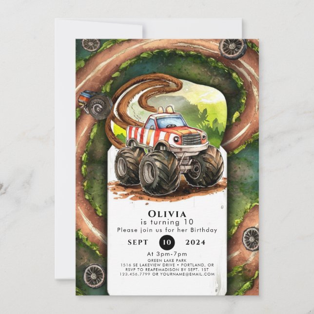 Simple Watercolor Monster Truck Birthday Invitation (Front)