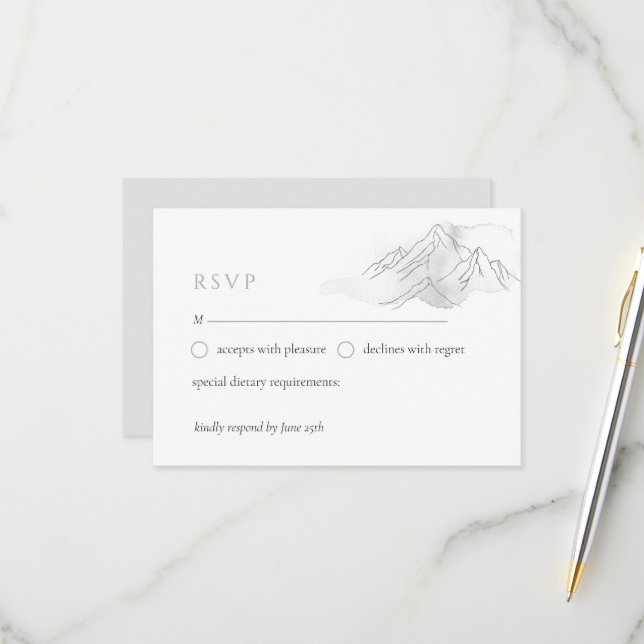 Simple Watercolor Mountain Elegant Nature Wedding RSVP Card (Front/Back In Situ)