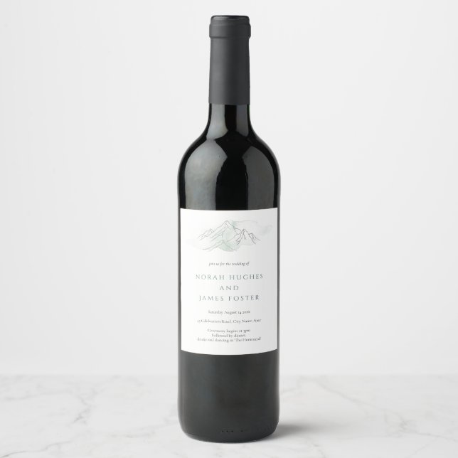 Simple Watercolor Mountain Green Nature Wedding  Wine Label (Front)