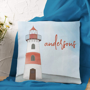 Simple Watercolor Nautical Sea Lighthouse Coastal Throw Pillow