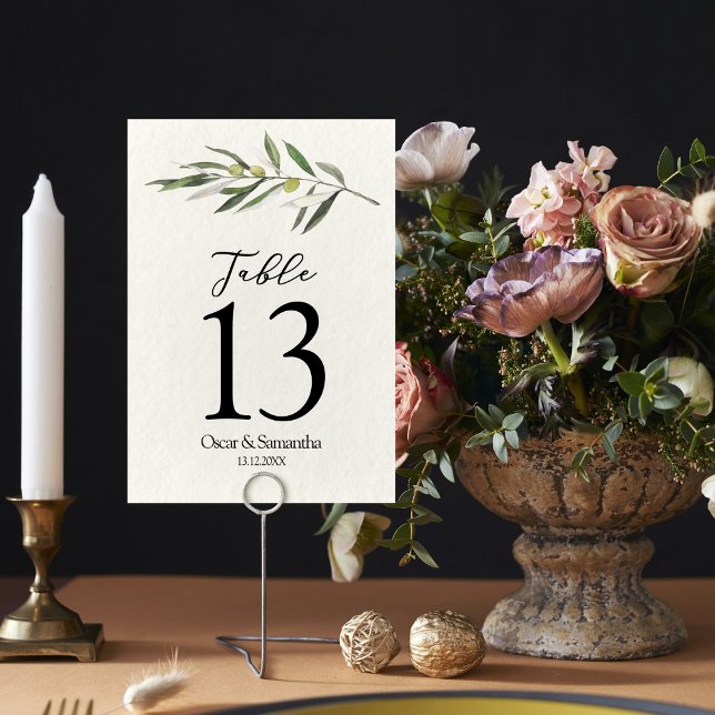 Simple Watercolor Olive Green Branch Table Number (Creator Uploaded)
