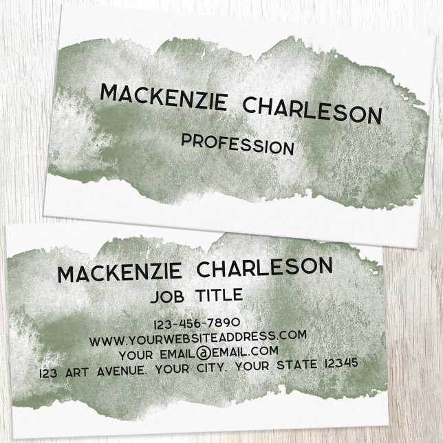 Simple Watercolor Paint Brushstroke Sage Green Business Card (Simple watercolor paint brushstroke custom text business card)