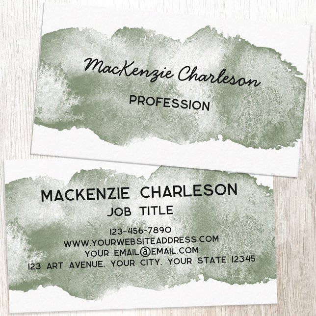 Simple Watercolor Paint Brushstroke Sage Green Business Card (Simple watercolor paint brushstroke custom text business card)