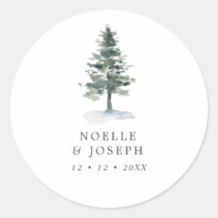 Simple Watercolor Pine Tree Wedding Classic Round Sticker