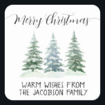 Simple Watercolor Pine Trees Merry Christmas Square Sticker<br><div class="desc">These simple holiday stickers are perfect as envelope seals or gift tags. They feature a rustic watercolor design with three snow covered pine,  fir,  or spruce trees and elegant script calligraphy lettering reading: Merry Christmas! There is space for a short note or message below.</div>