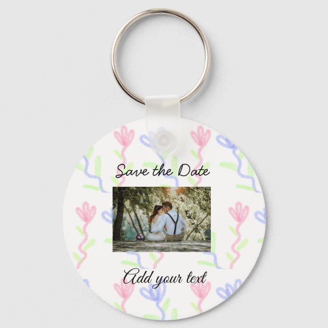 Simple watercolor Pink blue flower save the date  Keychain (Front)