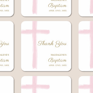 Simple Watercolor Pink Cross Thank You Baptism Square Sticker