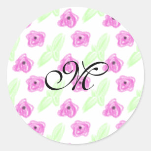 Simple watercolor pink flower green leaf monogram classic round sticker