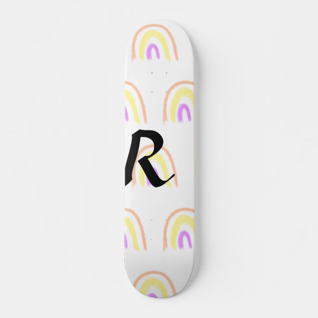 Simple watercolor rainbow pattern add monogram tex skateboard (Front)