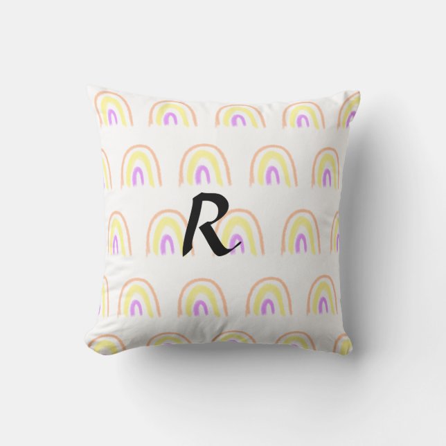 Simple watercolor rainbow pattern add monogram tex throw pillow (Front)