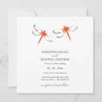 Simple Watercolor Red Dragonfly Wedding Invitation