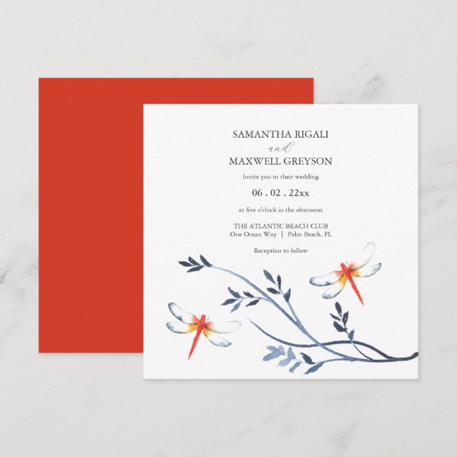 Simple Watercolor Red Dragonfly Wedding Invite (Front/Back)