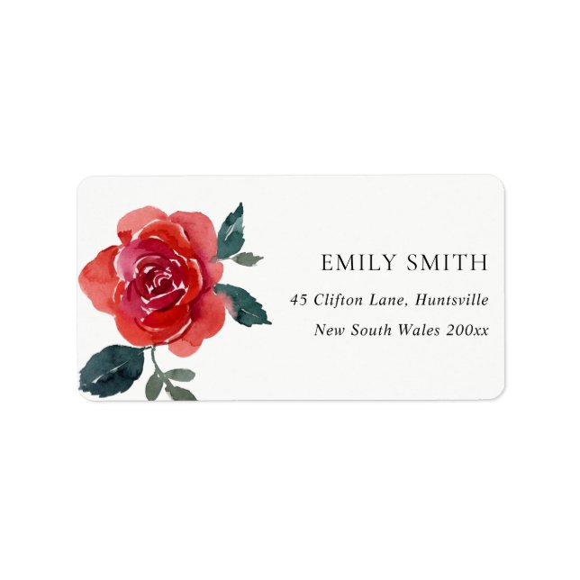 SIMPLE WATERCOLOR RED GREEN ROSE FLORAL ADDRESS LABEL (Front)
