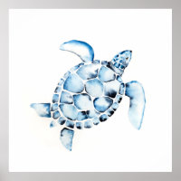 Simple Watercolor Sea Turtle Painting Blue