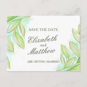 Simple watercolor spring leaves save the date card