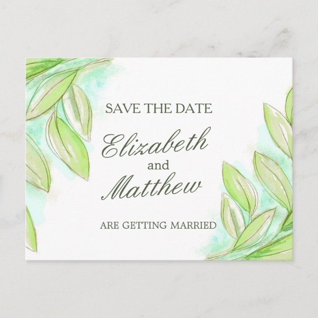 Simple watercolor spring leaves save the date card (Front)
