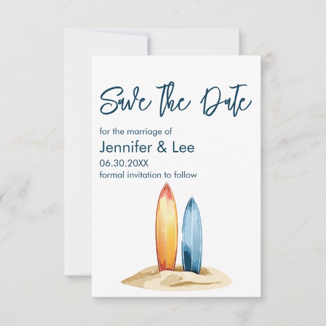 Simple Watercolor Surfboard Save The Date Card (Front)