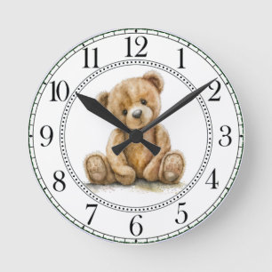 Simple Watercolor Teddy Bear Nursery Round Clock