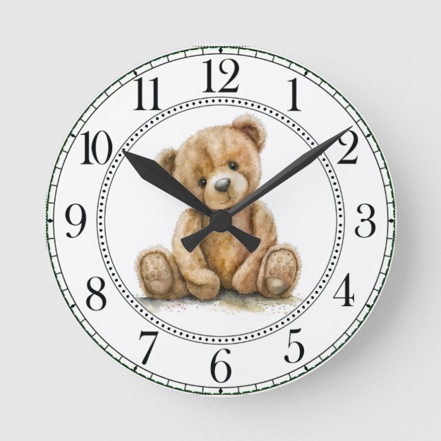Simple Watercolor Teddy Bear Nursery  Round Clock (Front)