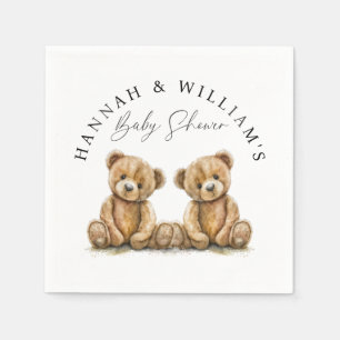 Simple Watercolor Teddy Bear Twins Baby Shower  Napkin