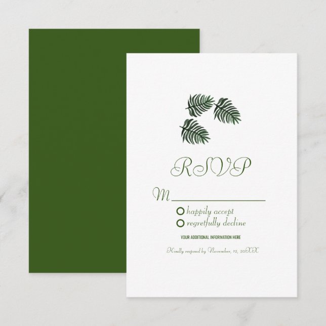 Simple Watercolor Tropical Botany Palm Leaves RSVP Invitation (Front/Back)