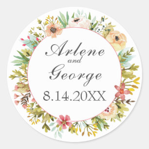 Simple Watercolor Wildflowers and Foliage Wedding Classic Round Sticker