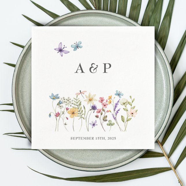 Simple Watercolor Wildflowers Monogram Wedding Napkin (Creator Uploaded)