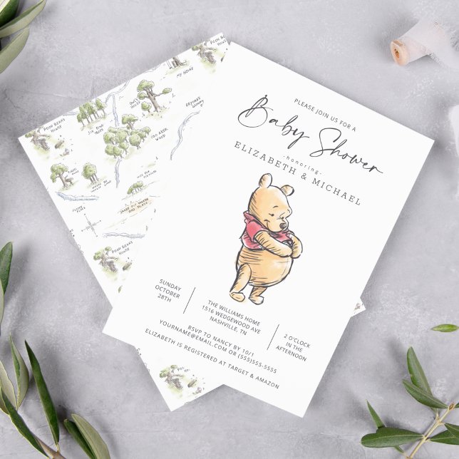 Simple Watercolor Winnie the Pooh Baby Shower Invitation (Invitation on table)
