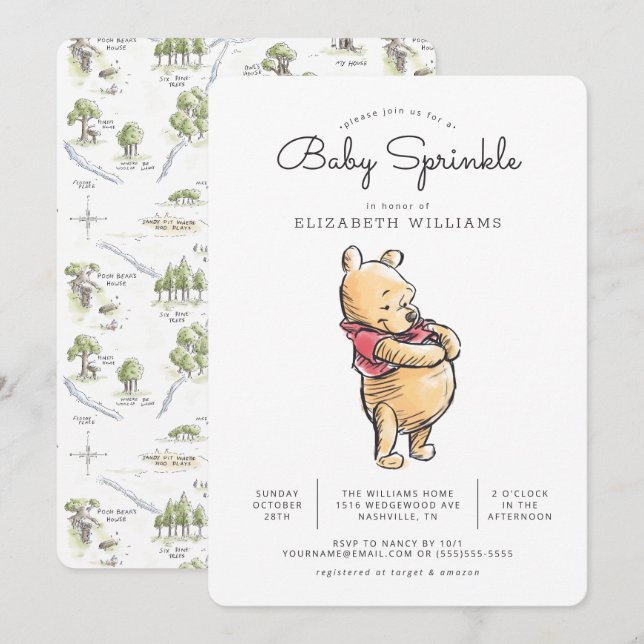 Simple Watercolor Winnie the Pooh Baby Sprinkle Invitation (Front/Back)