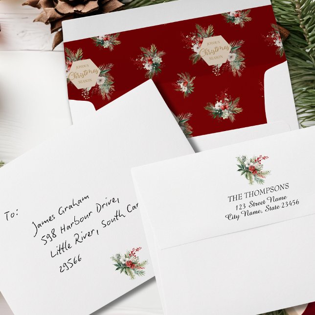 Simple Watercolor Winter Flowers Red Holiday Envelope (Creator Uploaded)