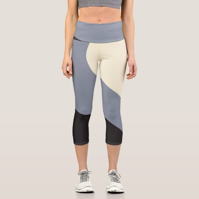 Simple Waves - Black, Grey and Cream Capri Leggings (Front)
