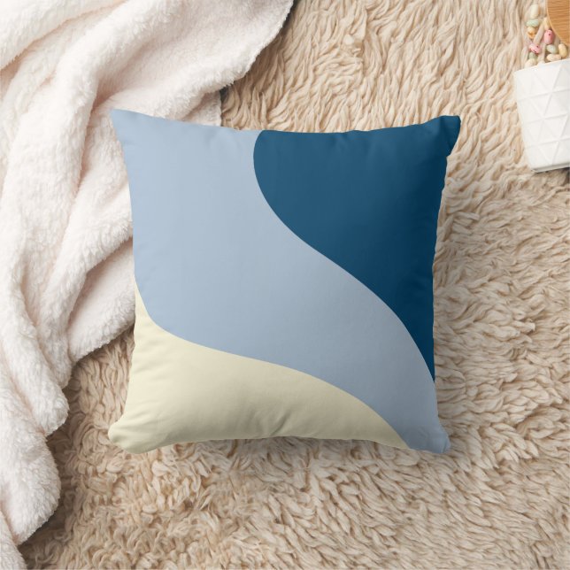 Simple Waves - Dark Blue, Light Blue and Cream Throw Pillow (Blanket)