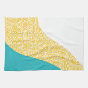 Simple Waves - Floral Pattern Turquoise and Yellow Kitchen Towel